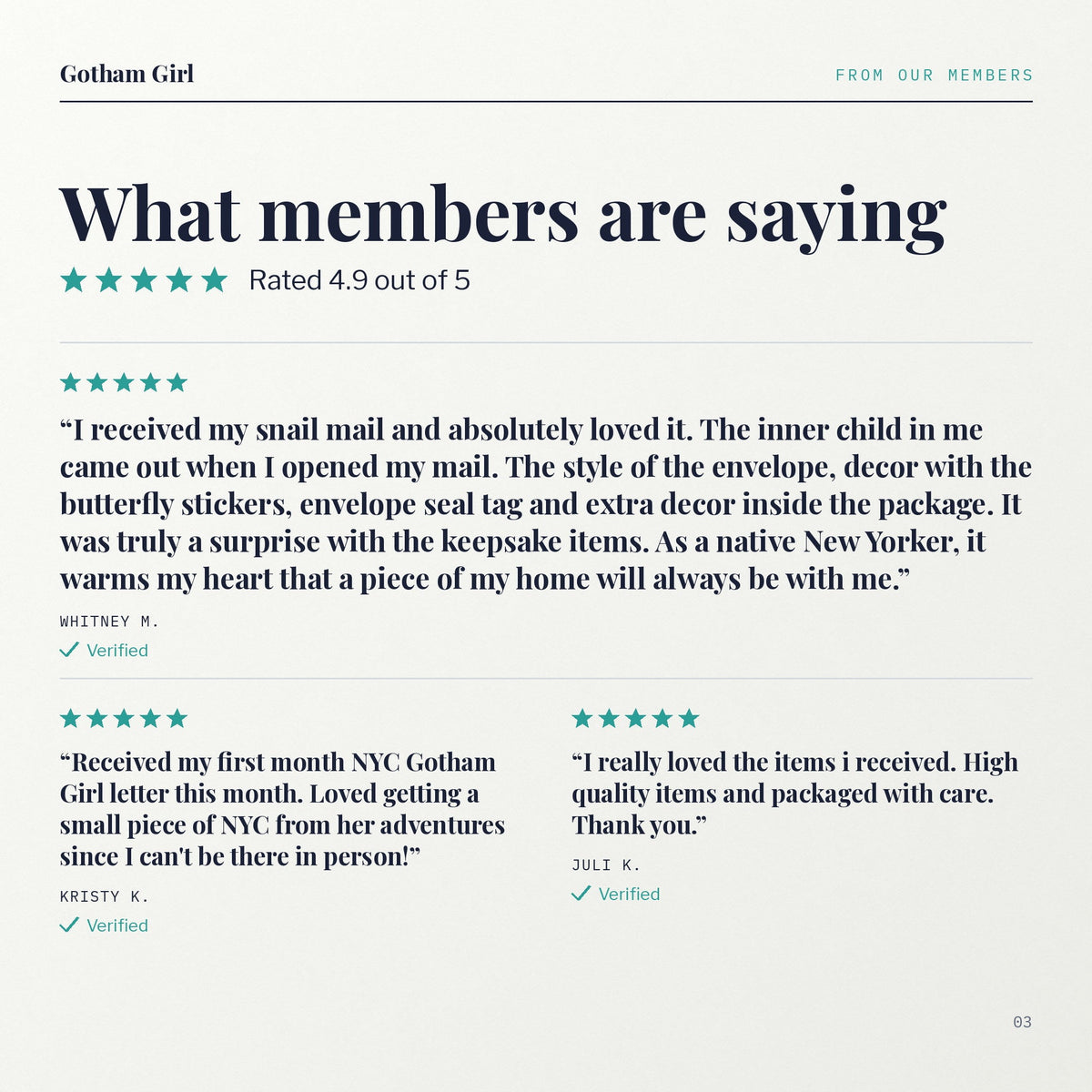 What members are saying, rated 4.9 out of 5, three member reviews