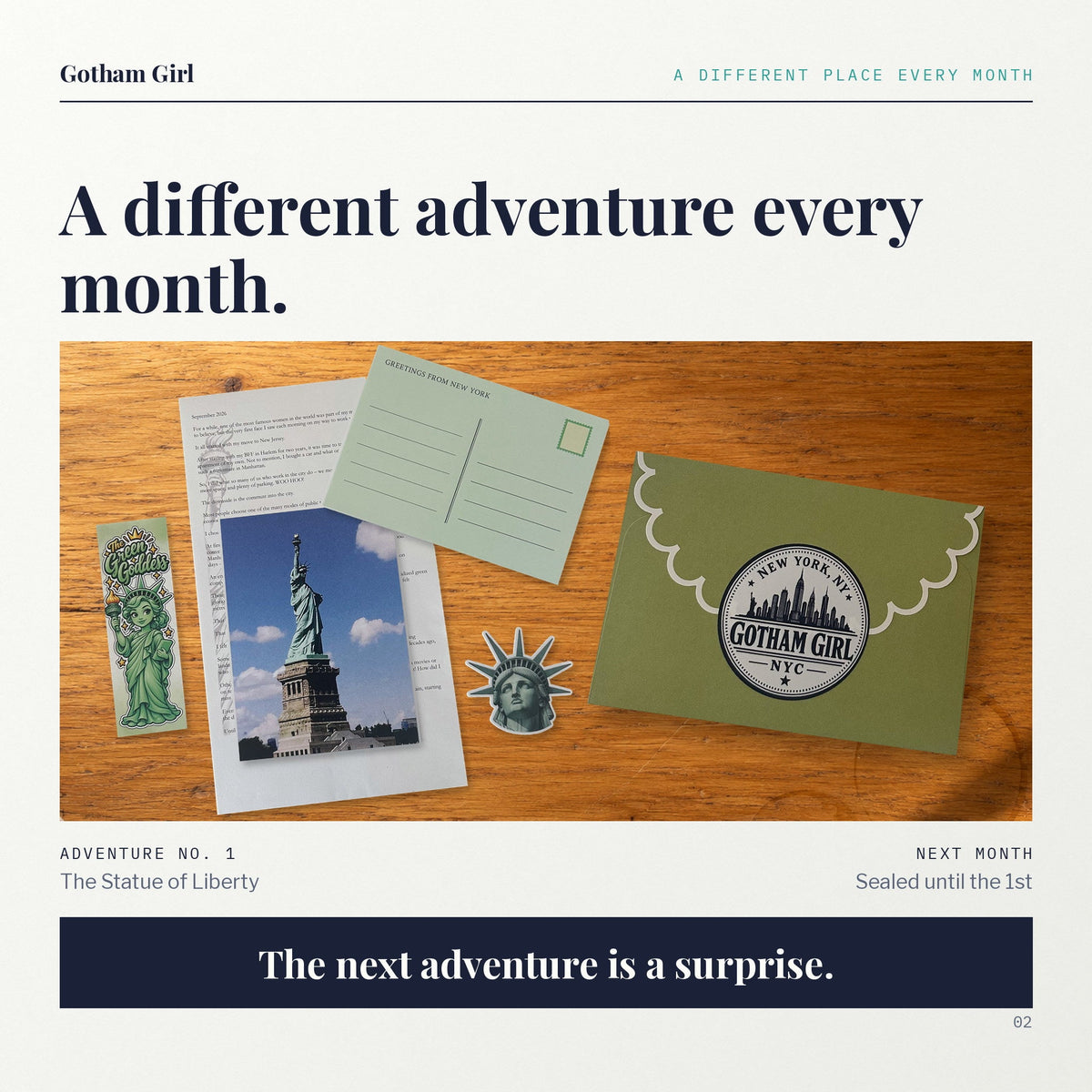 Adventure No. 1 opened beside next month's sealed green envelope