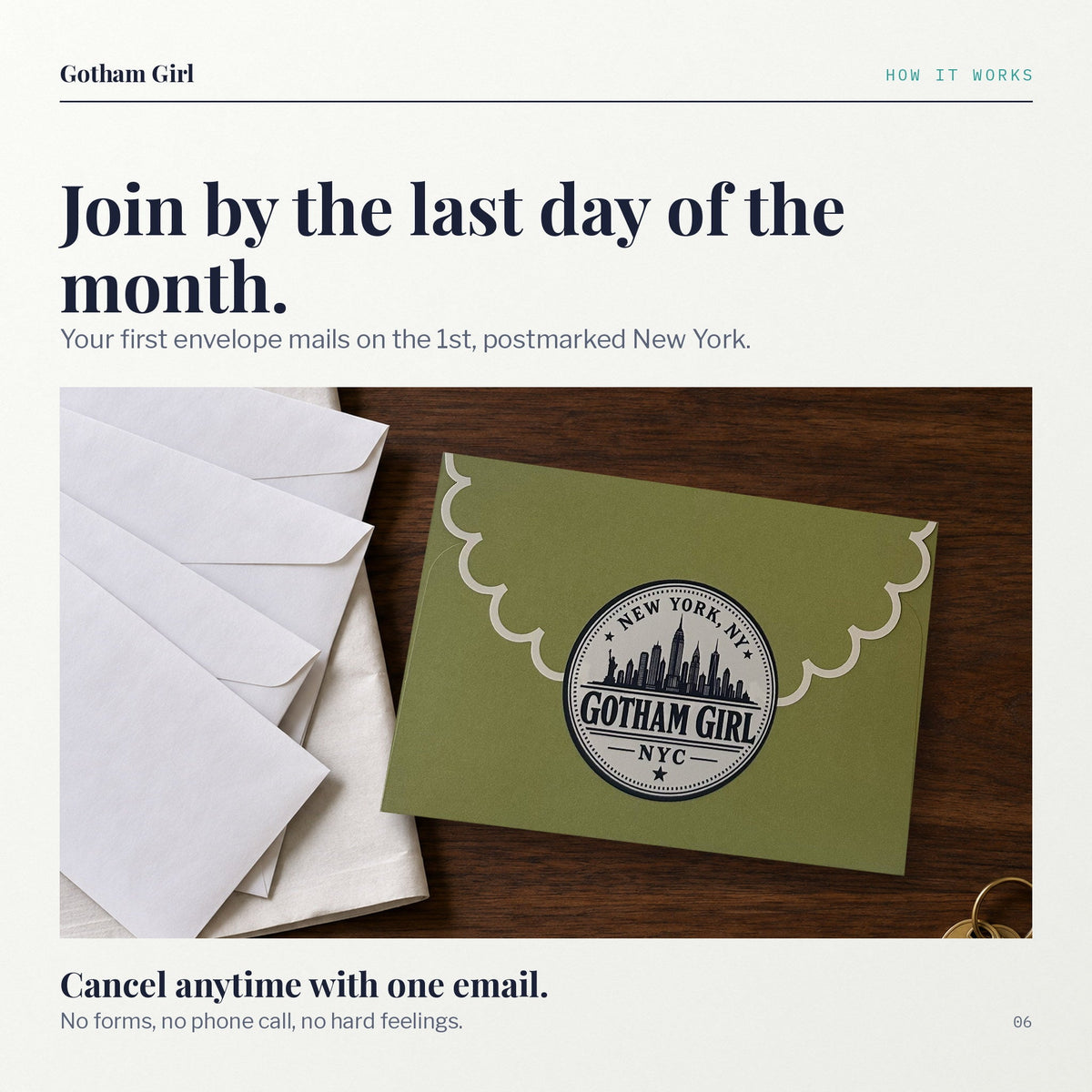 The sealed Gotham Girl envelope: join by the last day of the month, mails on the 1st, postmarked New York